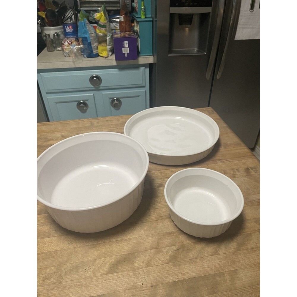 Set of 3 Vintage French White Corningware Casserole Baking Dishes